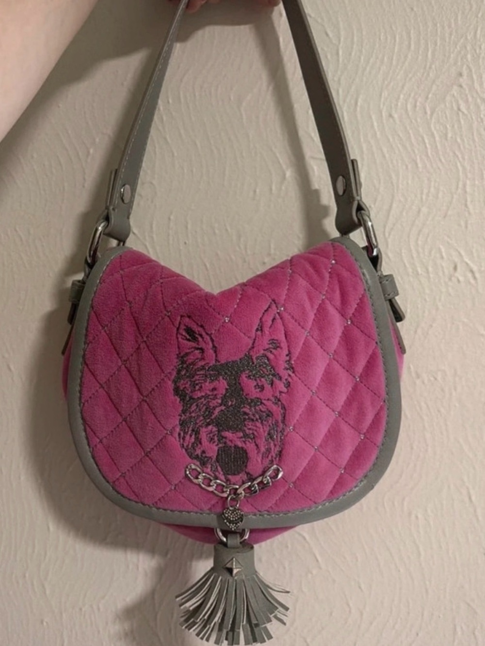 vintage juicy couture Pink and grey shoulder bag with a cute dog design